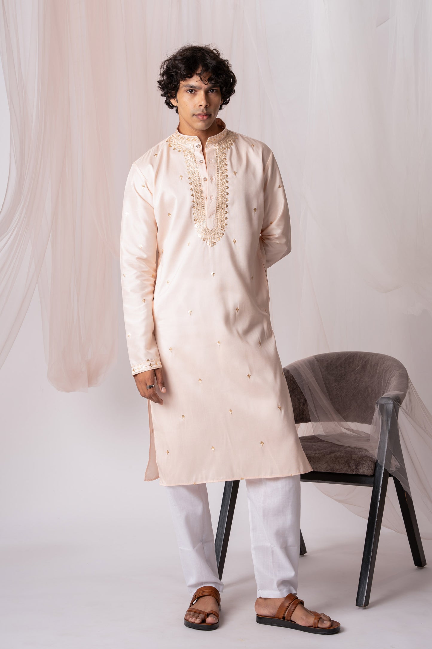 Peach Color Embroidery Kurta with Jari Work for men (Only Kurta)