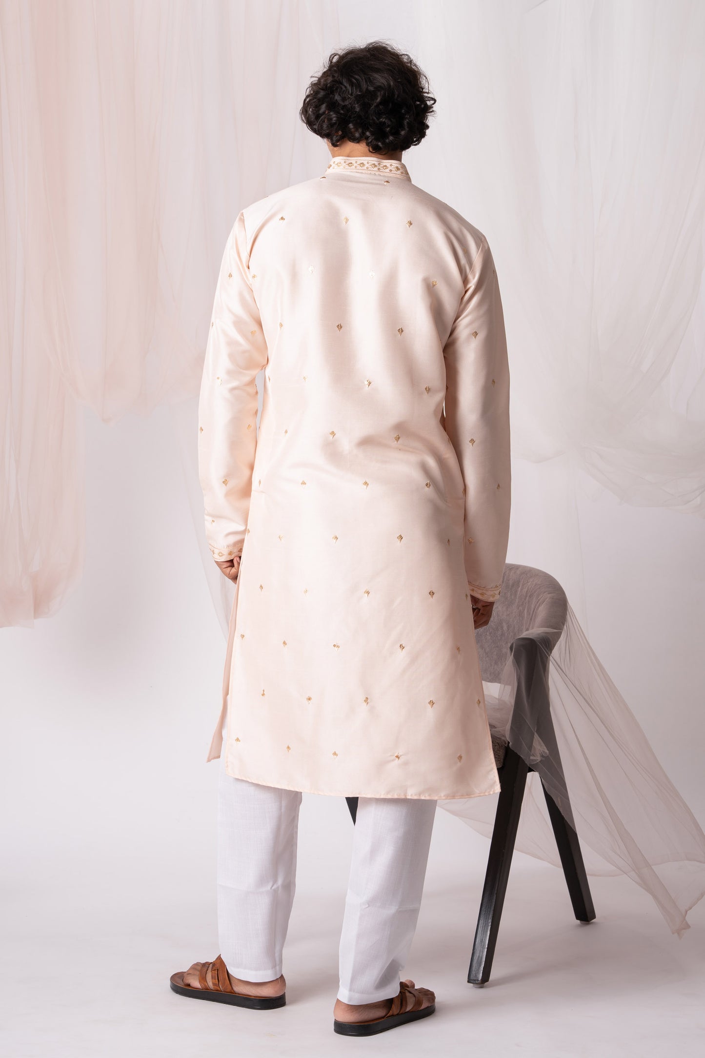 Peach Color Embroidery Kurta with Jari Work for men (Only Kurta)