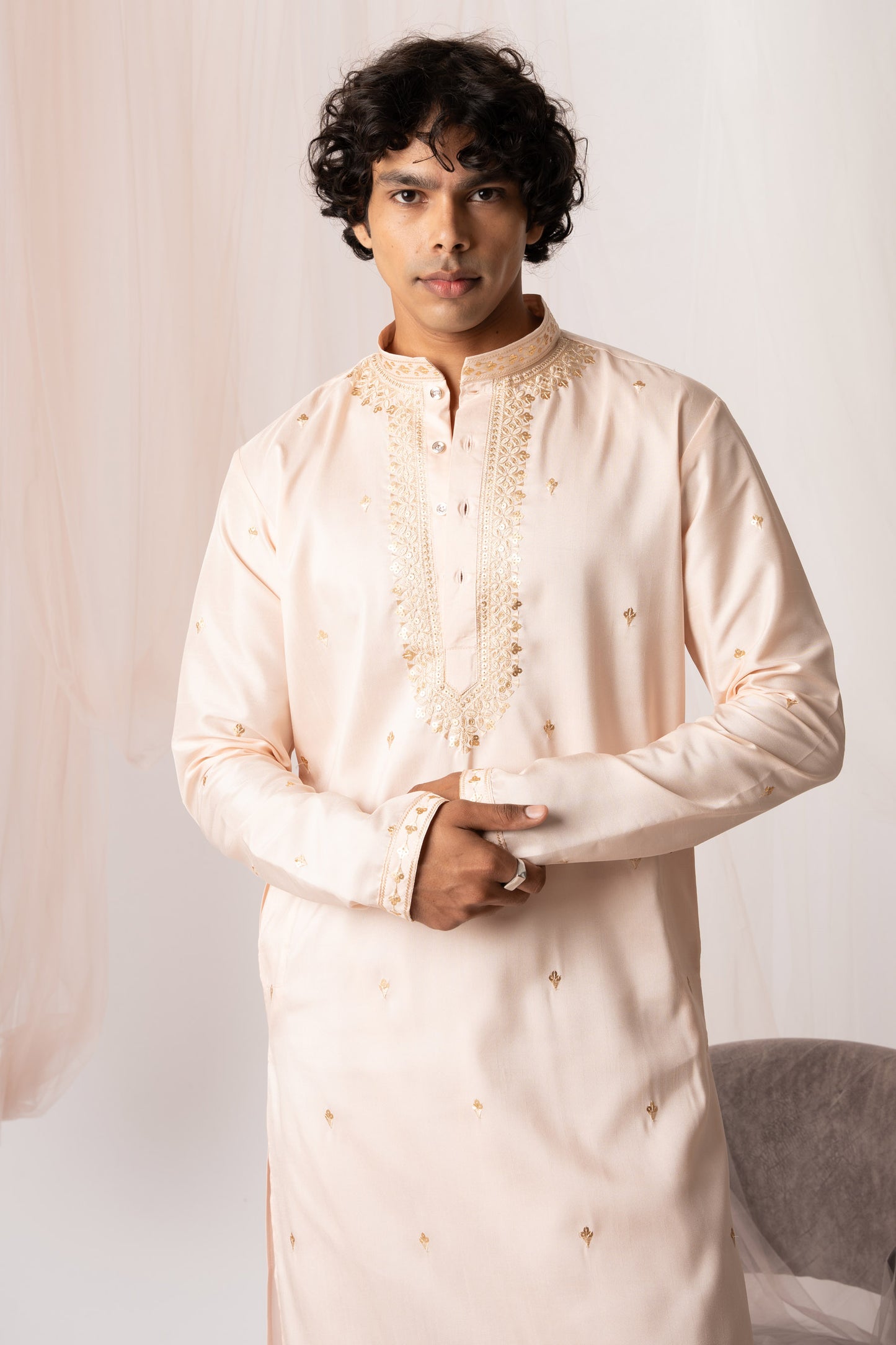 Peach Color Embroidery Kurta with Jari Work for men (Only Kurta)
