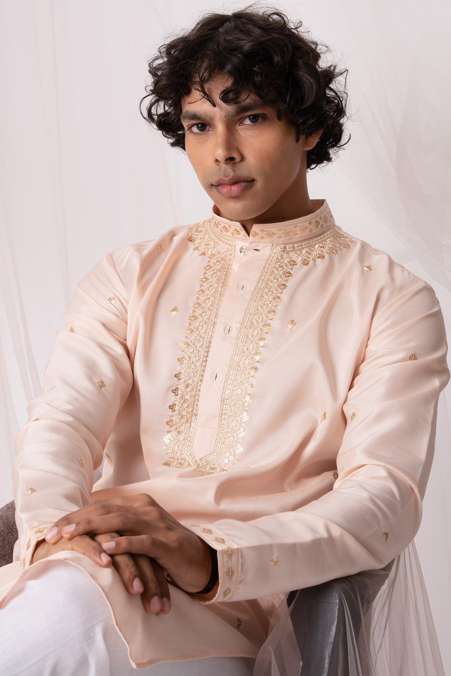 Peach Color Embroidery Kurta with Jari Work for men (Only Kurta)