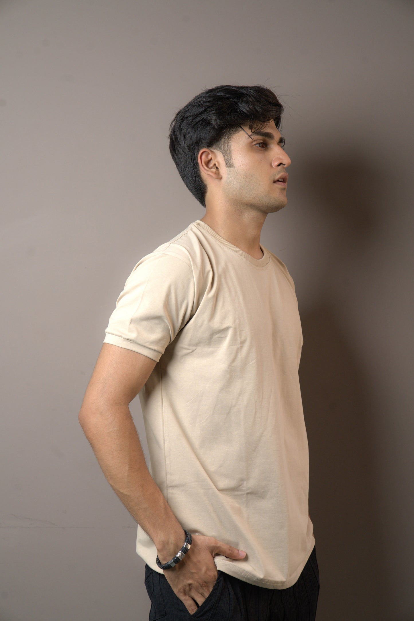 Beige Pure Cotton Plain Tshirt