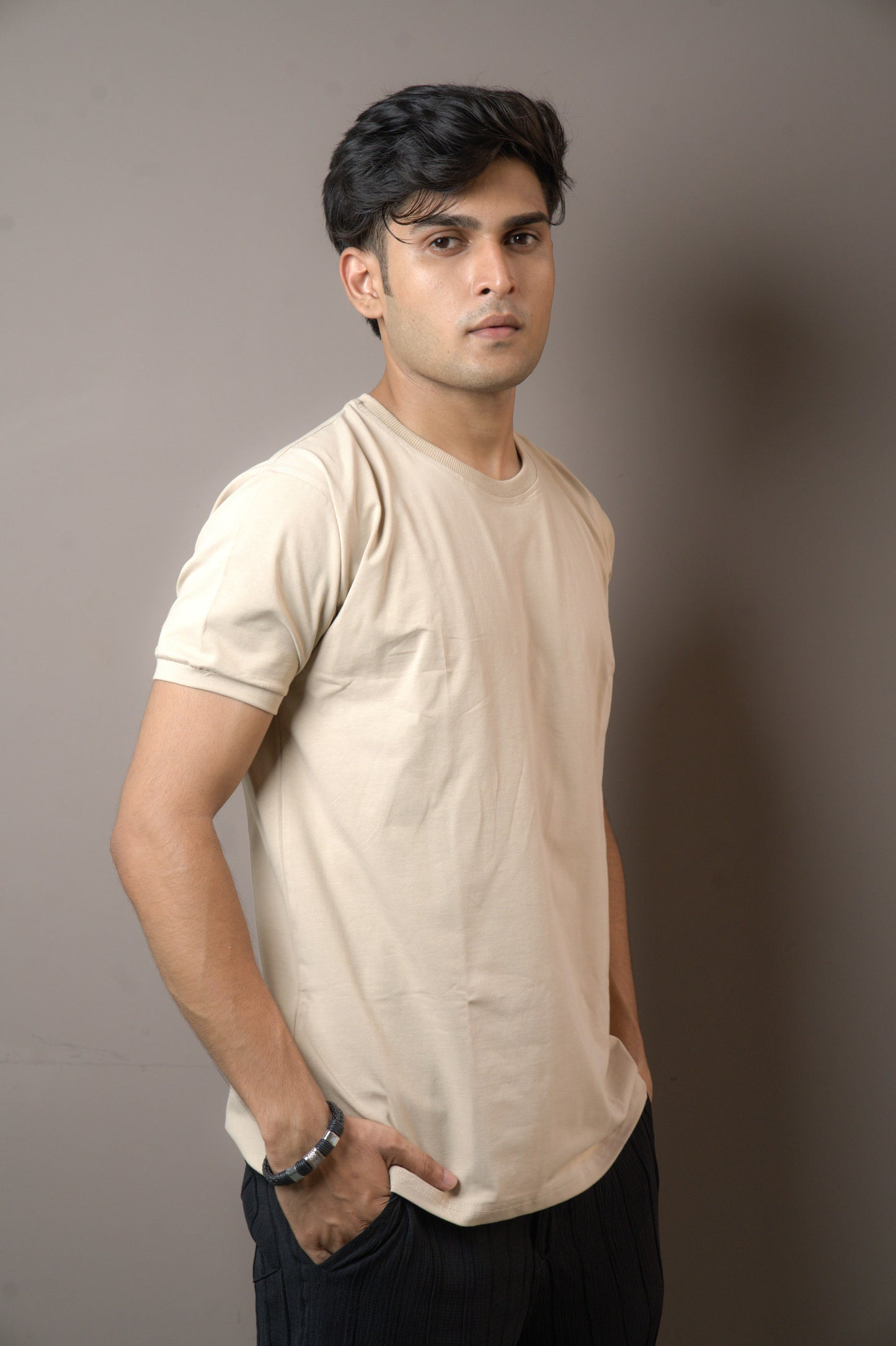 Beige Pure Cotton Plain Tshirt