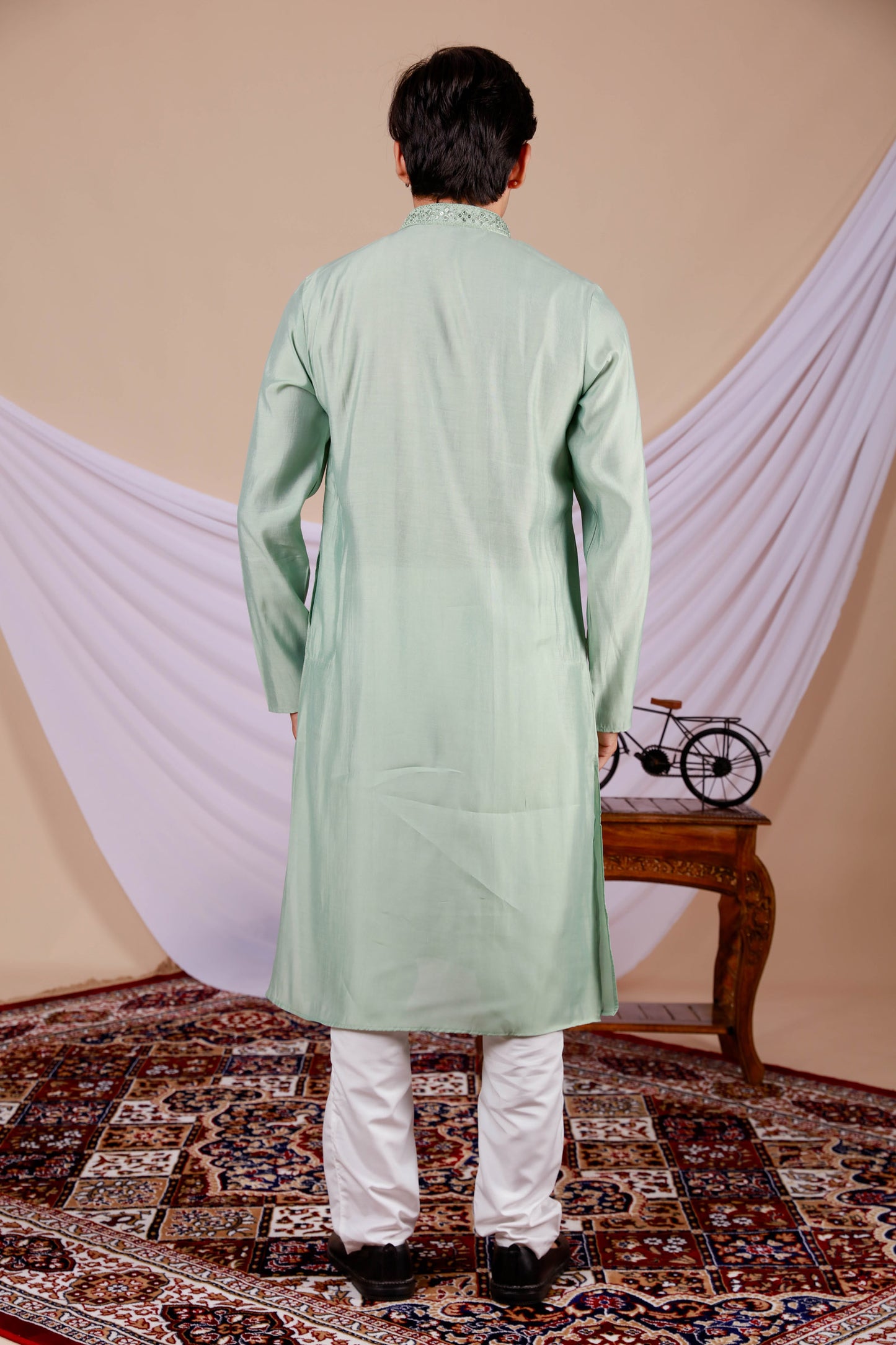 Pista Green Embroidery Kurta with Jari Work for men (Only Kurta)