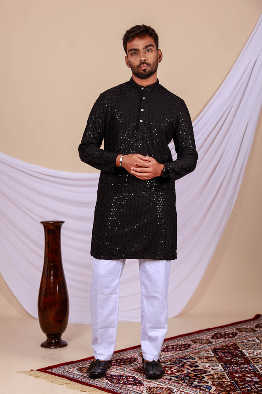 Black Lucknowi Chikankari Kurta for Men (Only Kurta)