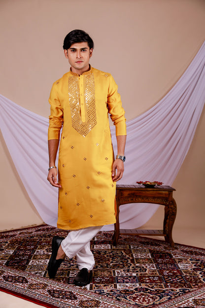 Yellow Embroidery Kurta with Jari Work for men (Only Kurta)