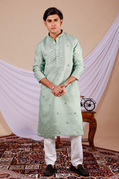 Pista Green Embroidery Kurta with Jari Work for men (Only Kurta)