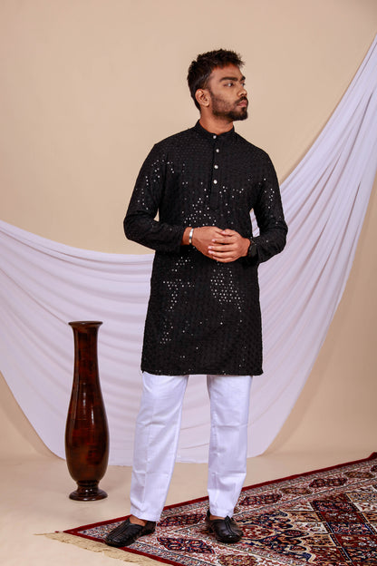 Black Lucknowi Chikankari Kurta for Men (Only Kurta)