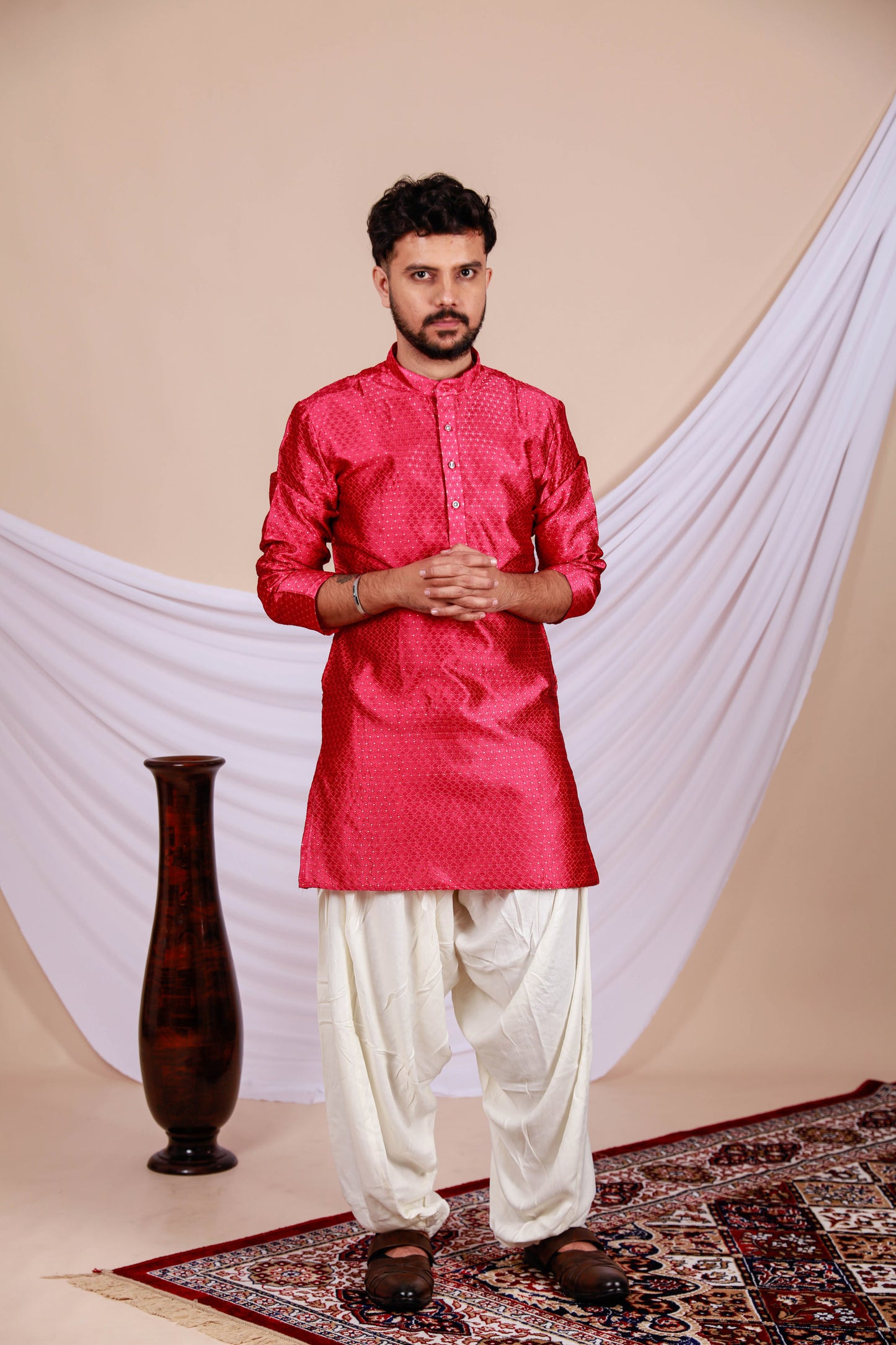 Red Printed Textured Kurta for Men (Only Kurta)