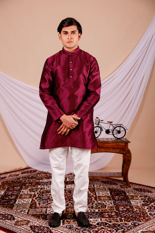 Wine Color Men's Textured Kurta with golden dot print (Only Kurta)