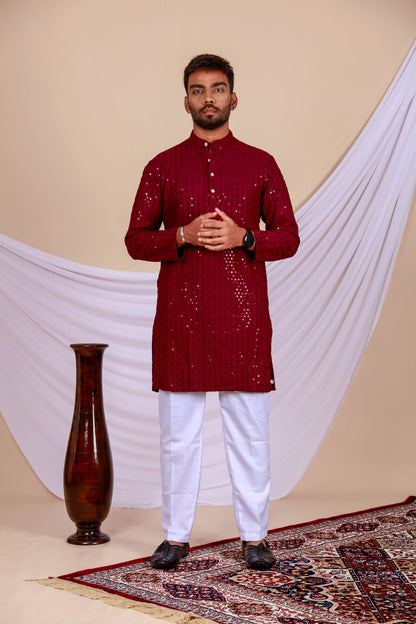 Maroon Lucknowi Chikankari Kurta for Men (Only Kurta)