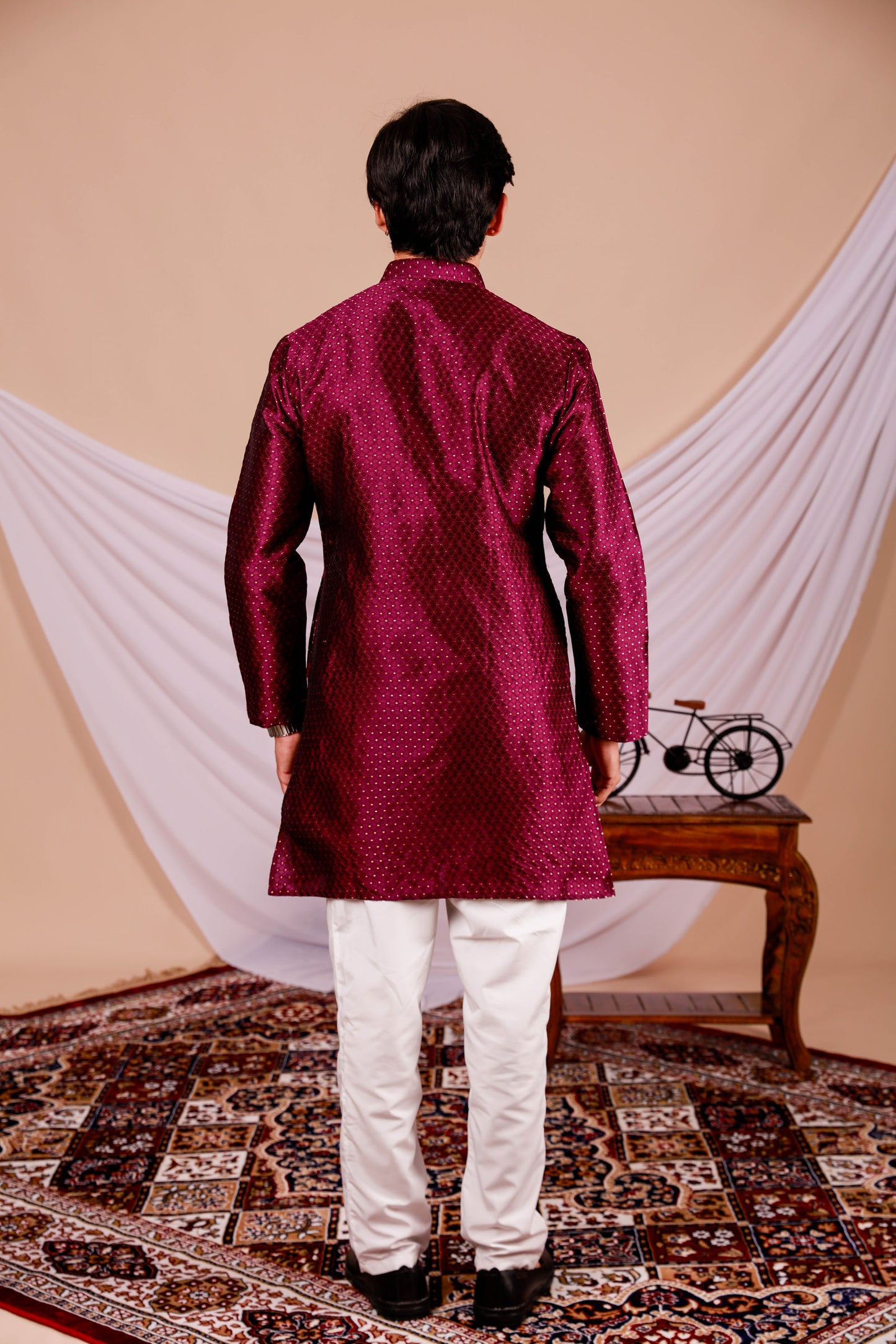 Wine Color Men's Textured Kurta with golden dot print (Only Kurta)