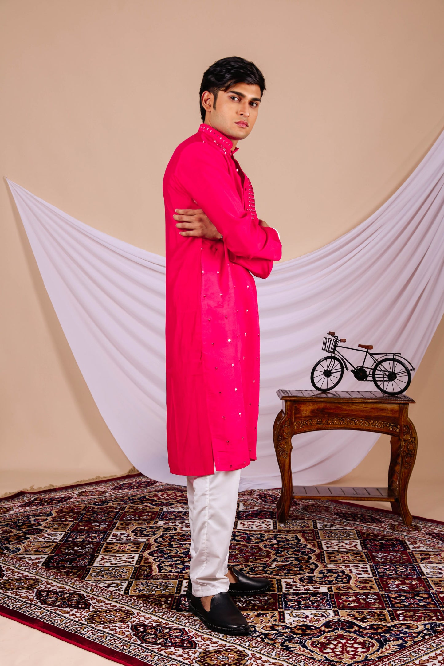 Hot Pink Embroidery Kurta with Jari Work for men (Only Kurta)