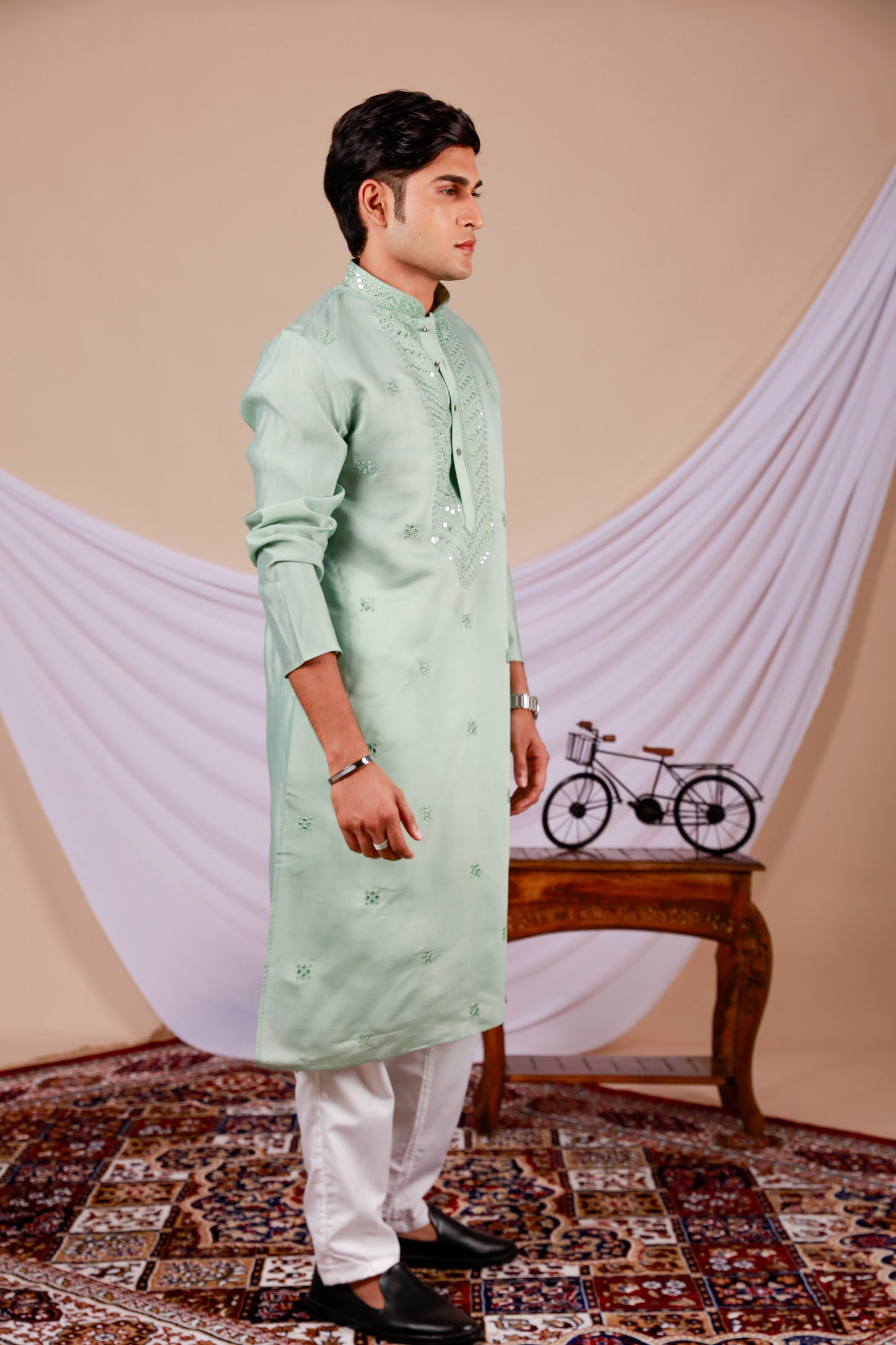 Pista Green Embroidery Kurta with Jari Work for men (Only Kurta)