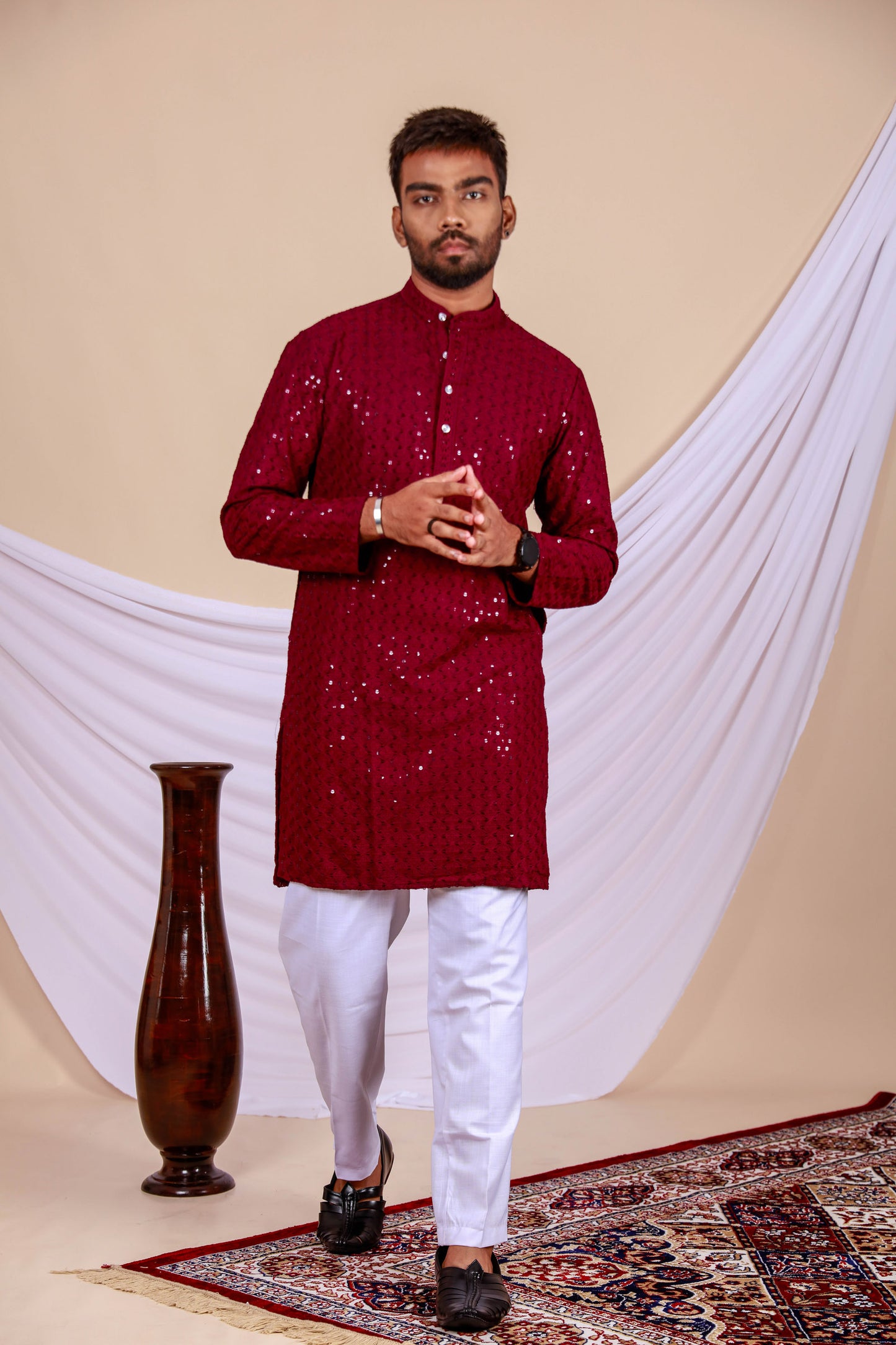 Maroon Lucknowi Chikankari Kurta for Men (Only Kurta)