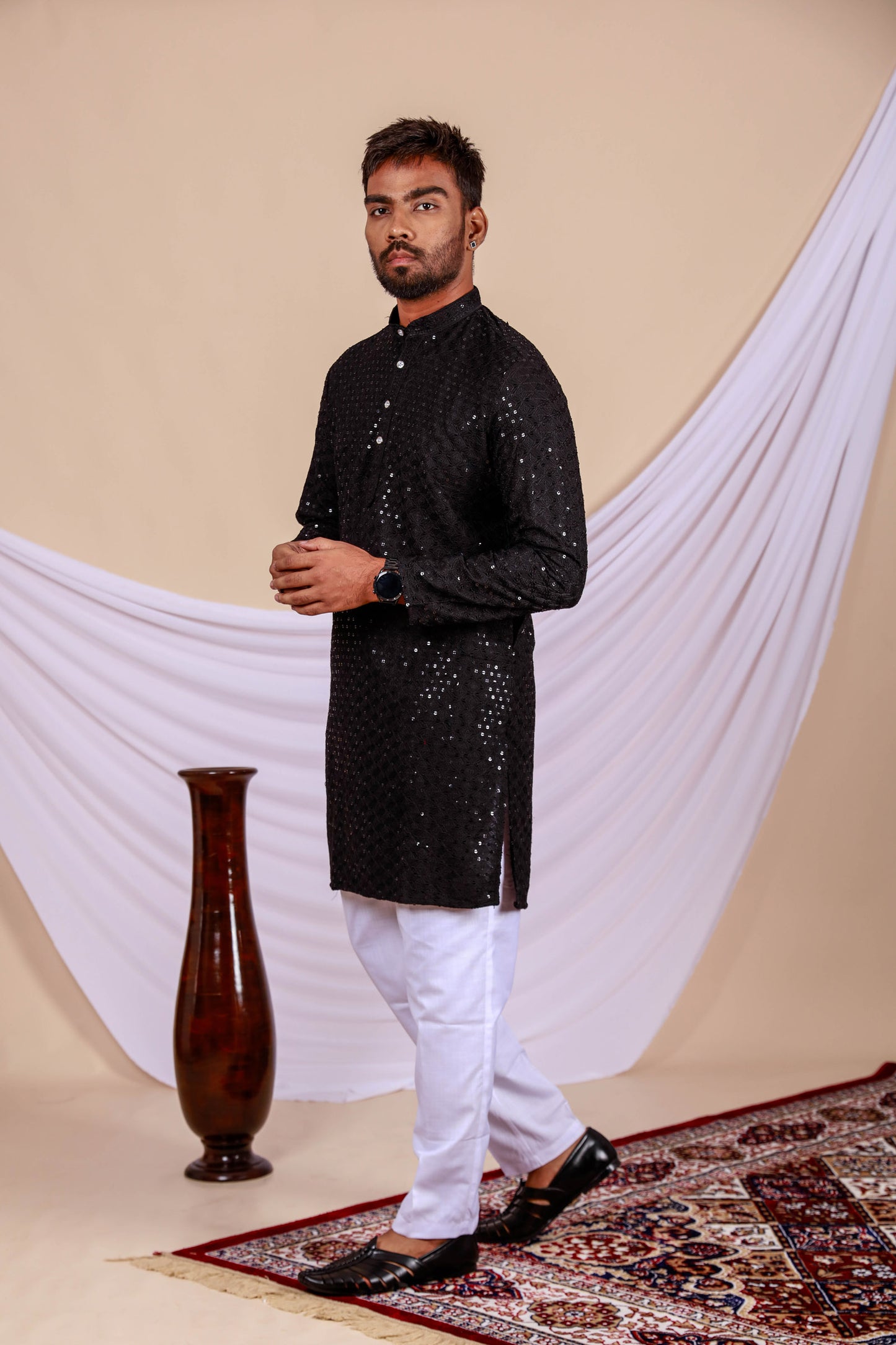 Black Lucknowi Chikankari Kurta for Men (Only Kurta)