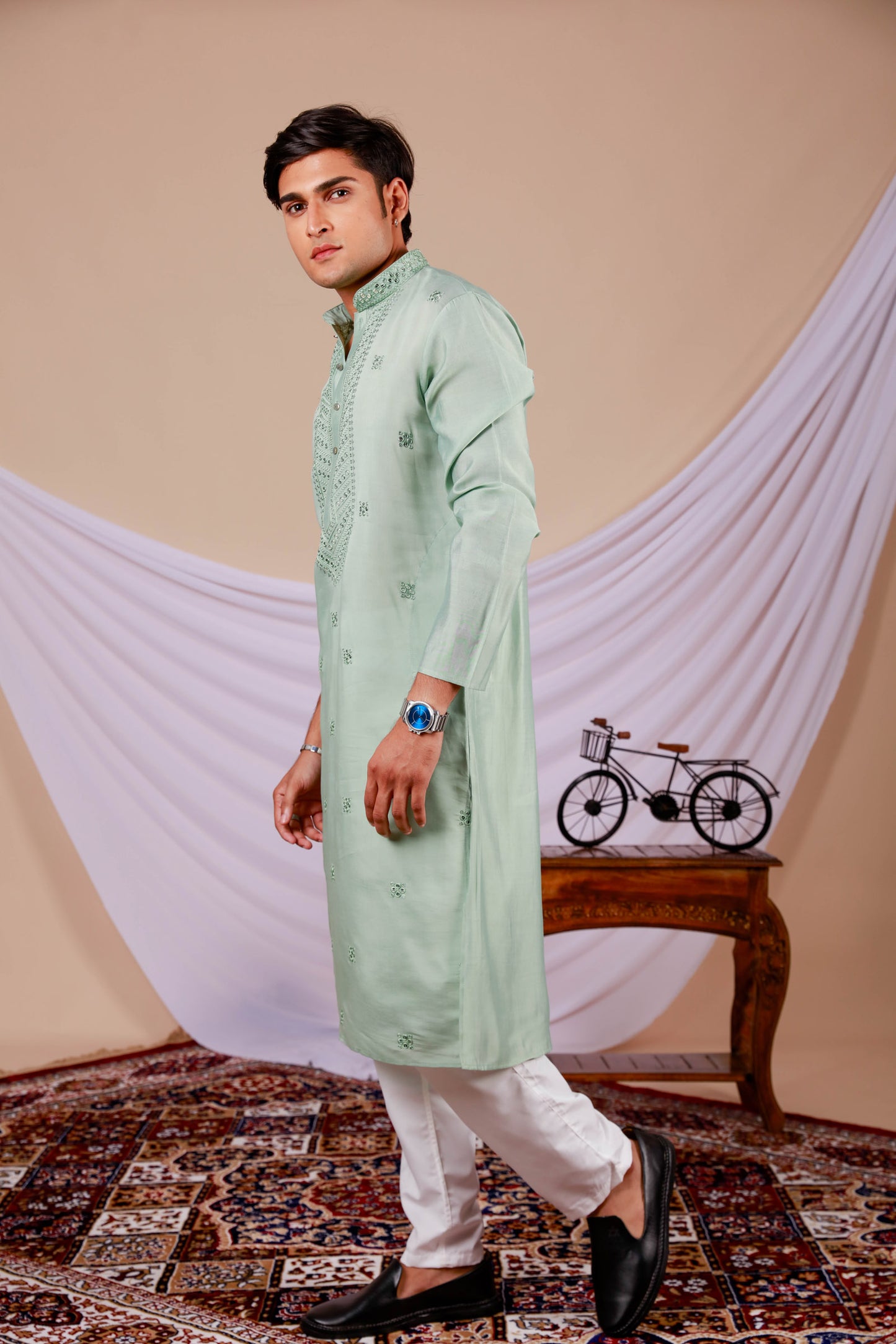 Pista Green Embroidery Kurta with Jari Work for men (Only Kurta)