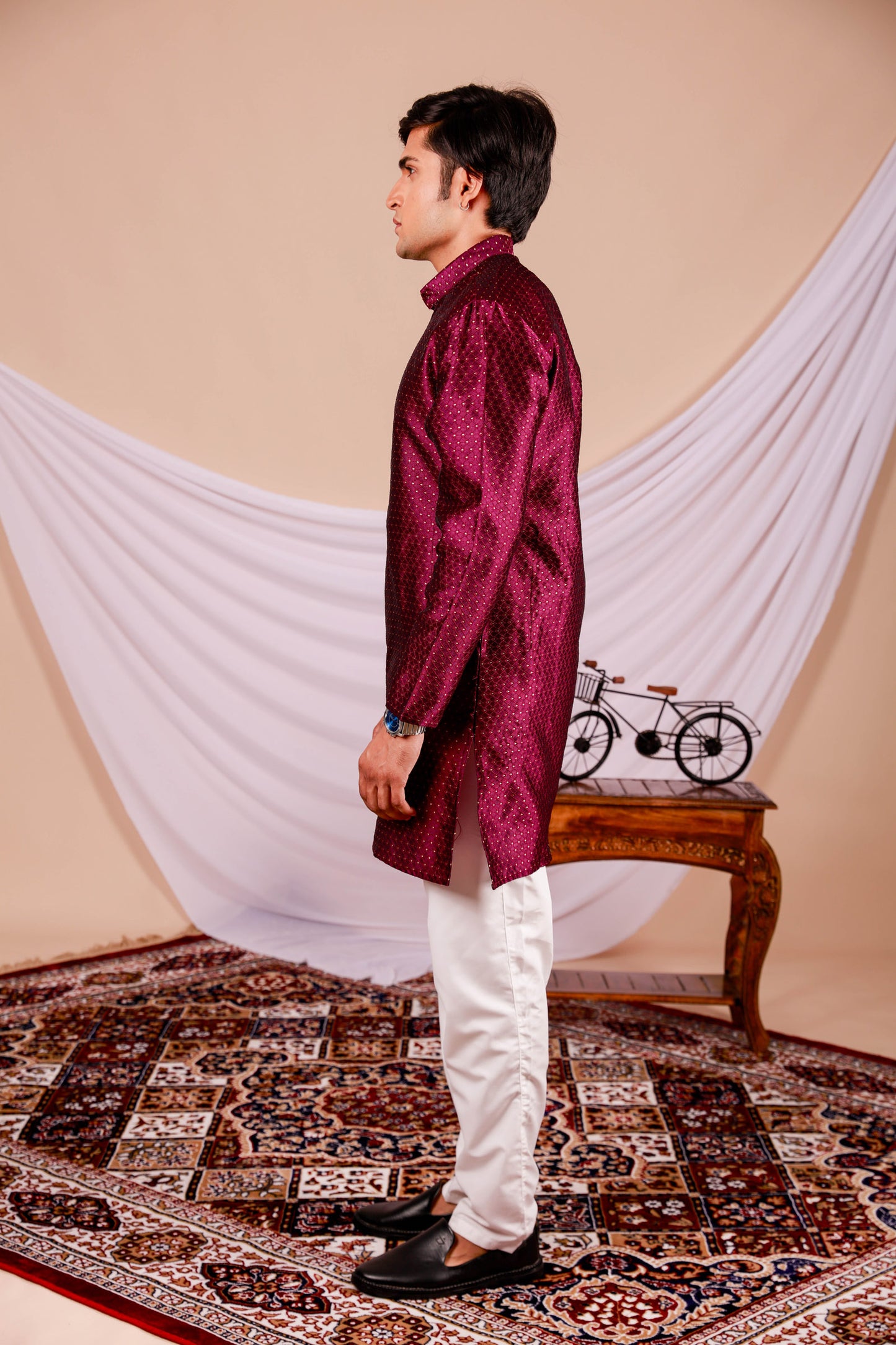 Wine Color Men's Textured Kurta with golden dot print (Only Kurta)