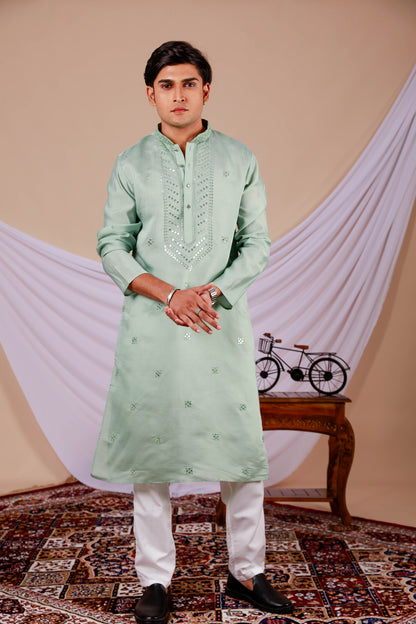 Pista Green Embroidery Kurta with Jari Work for men (Only Kurta)