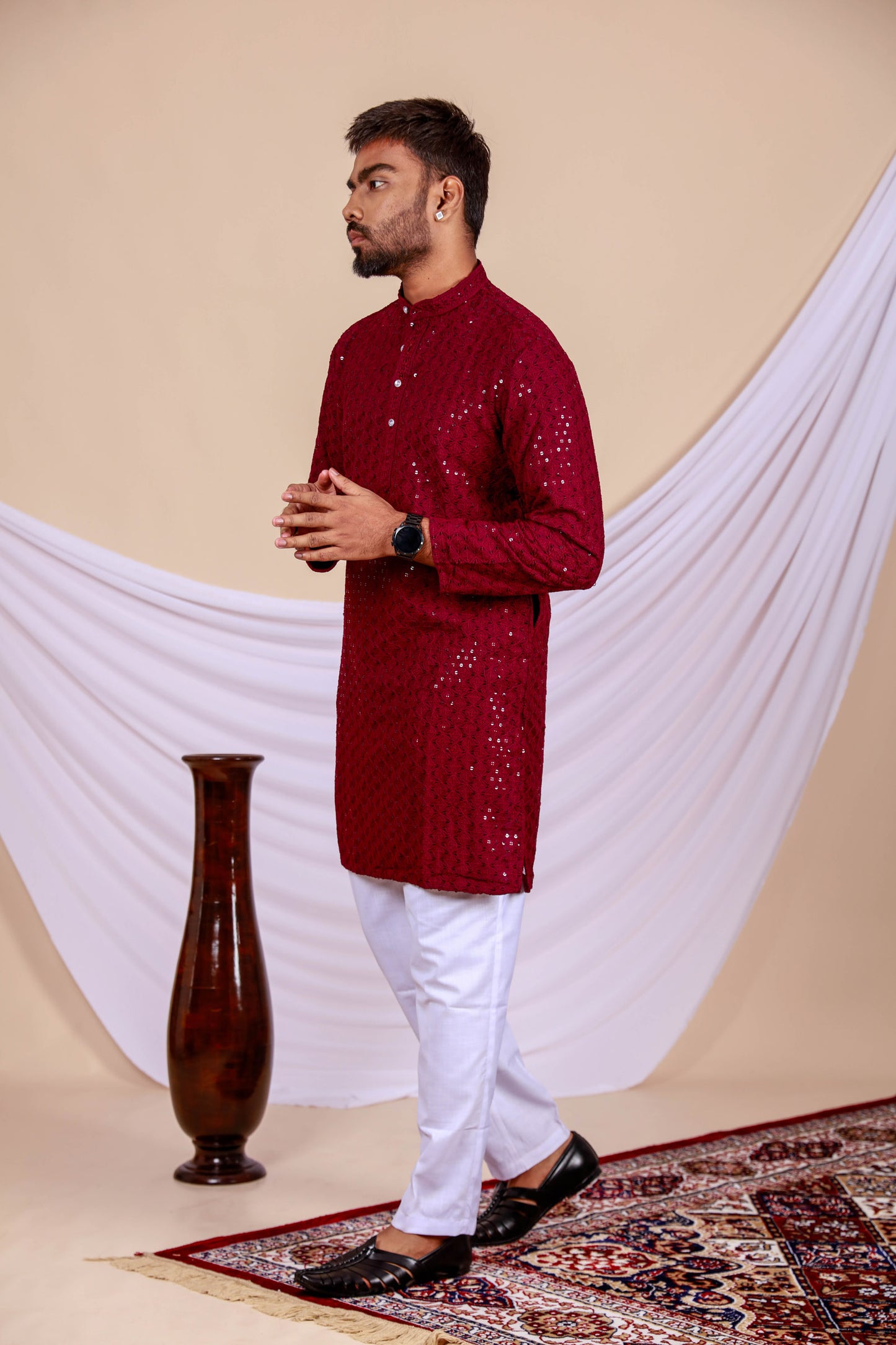 Maroon Lucknowi Chikankari Kurta for Men (Only Kurta)