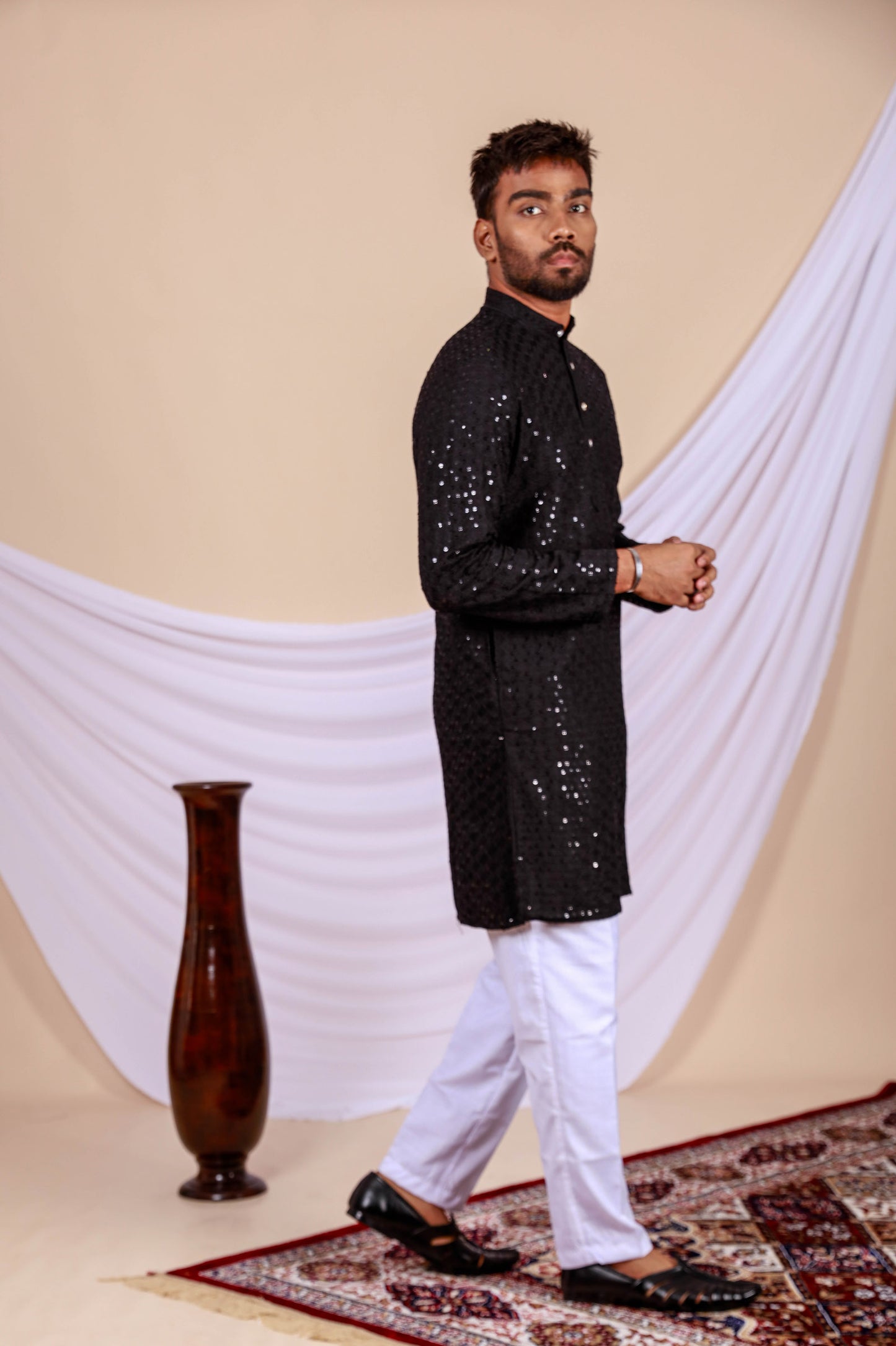 Black Lucknowi Chikankari Kurta for Men (Only Kurta)