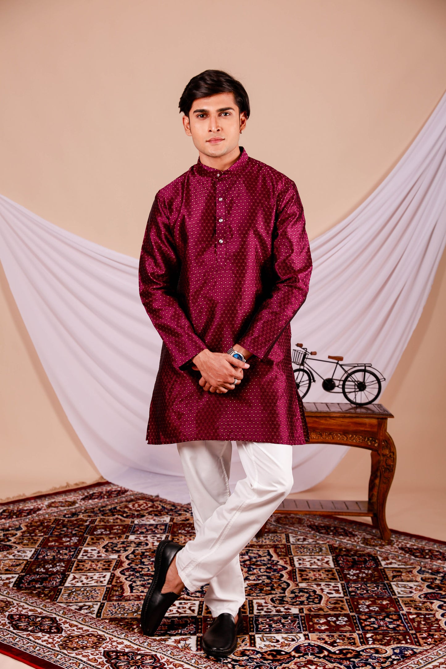 Wine Color Men's Textured Kurta with golden dot print (Only Kurta)