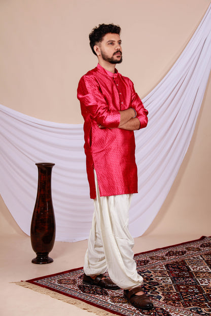 Red Printed Textured Kurta for Men (Only Kurta)