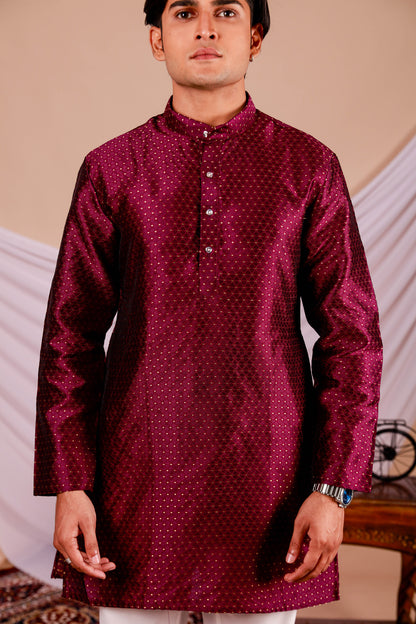 Wine Color Men's Textured Kurta with golden dot print (Only Kurta)