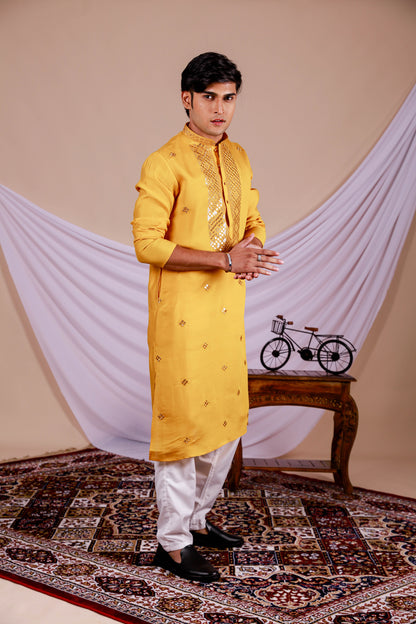 Yellow Embroidery Kurta with Jari Work for men (Only Kurta)