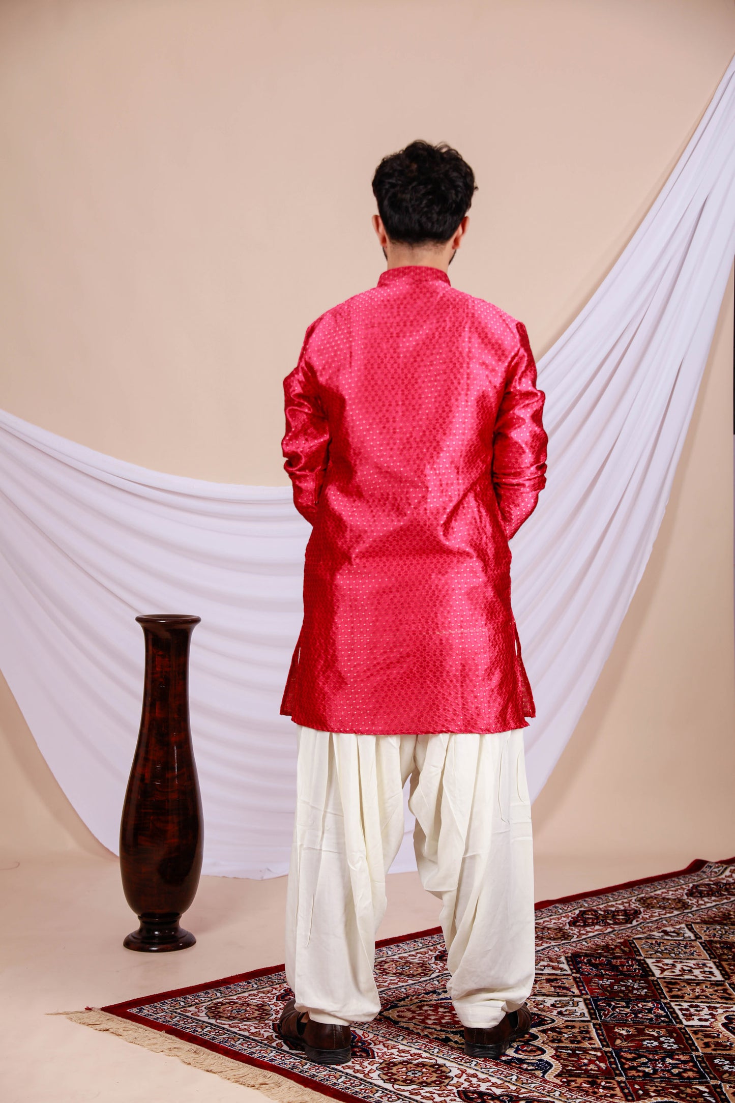 Red Printed Textured Kurta for Men (Only Kurta)