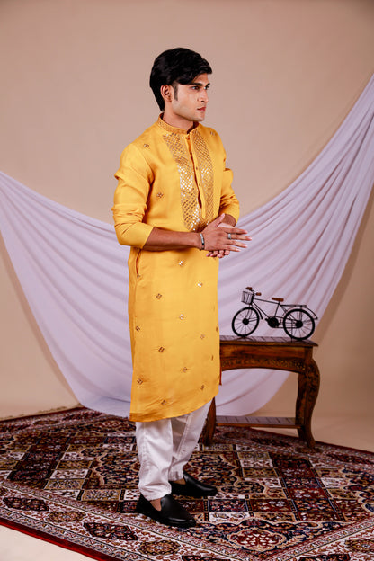 Yellow Embroidery Kurta with Jari Work for men (Only Kurta)