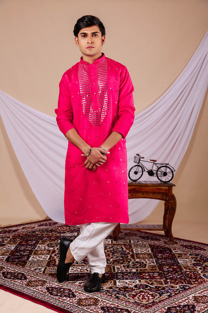 Hot Pink Embroidery Kurta with Jari Work for men (Only Kurta)