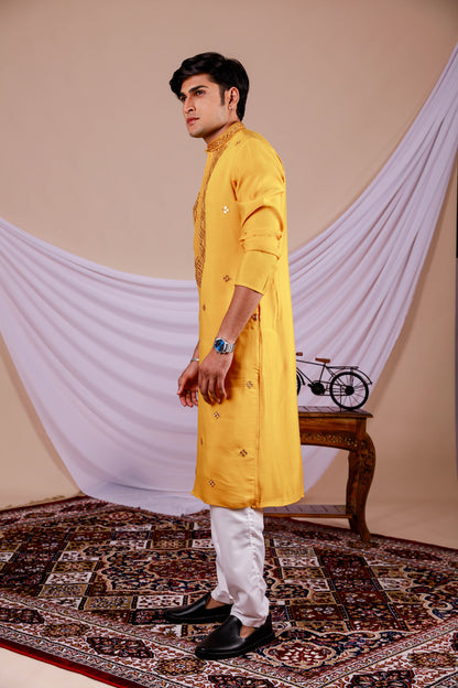 Yellow Embroidery Kurta with Jari Work for men (Only Kurta)