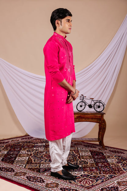 Hot Pink Embroidery Kurta with Jari Work for men (Only Kurta)