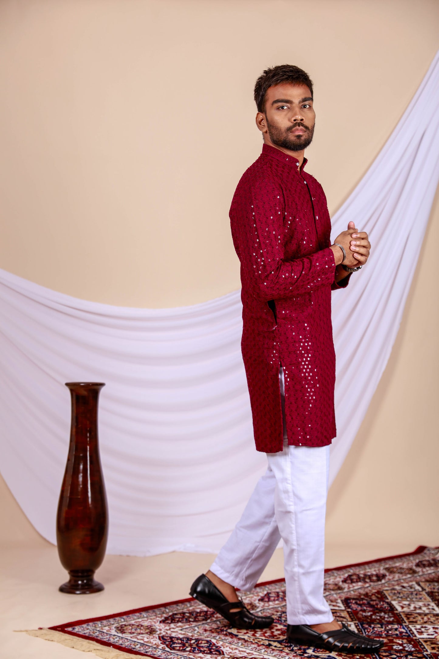 Maroon Lucknowi Chikankari Kurta for Men (Only Kurta)