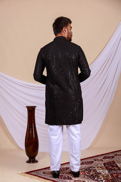 Black Lucknowi Chikankari Kurta for Men (Only Kurta)