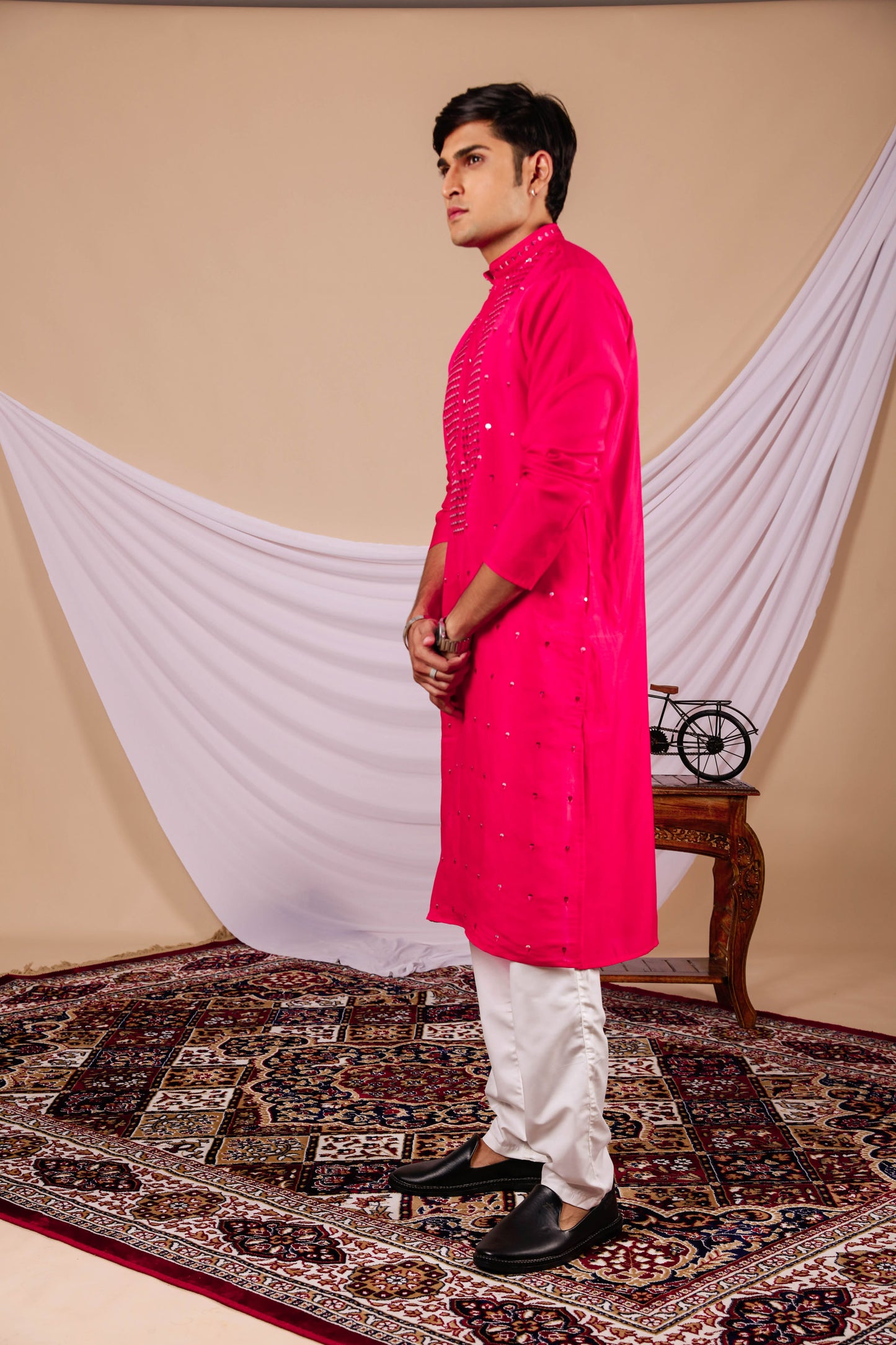 Hot Pink Embroidery Kurta with Jari Work for men (Only Kurta)