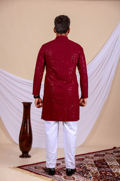 Maroon Lucknowi Chikankari Kurta for Men (Only Kurta)