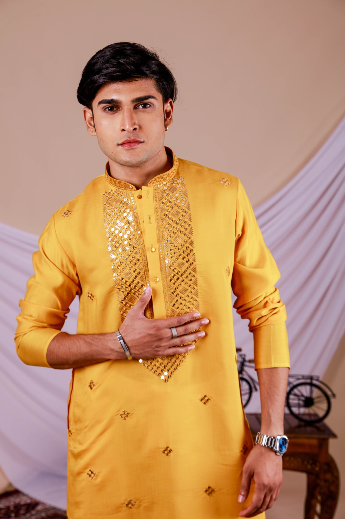 Yellow Embroidery Kurta with Jari Work for men (Only Kurta)