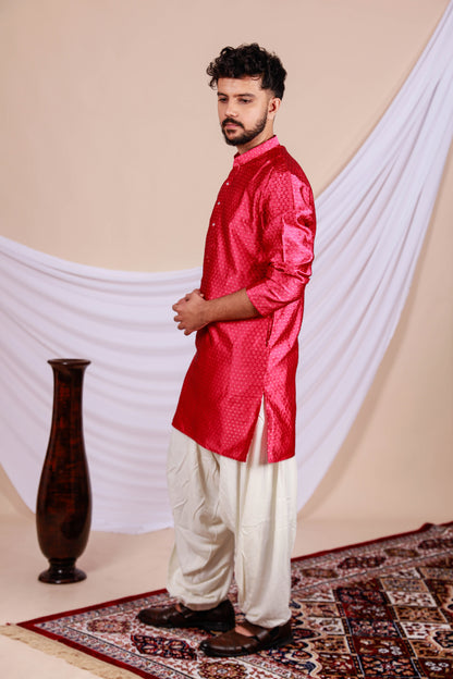 Red Printed Textured Kurta for Men (Only Kurta)