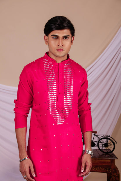 Hot Pink Embroidery Kurta with Jari Work for men (Only Kurta)