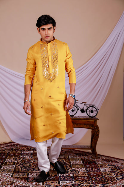 Yellow Embroidery Kurta with Jari Work for men (Only Kurta)