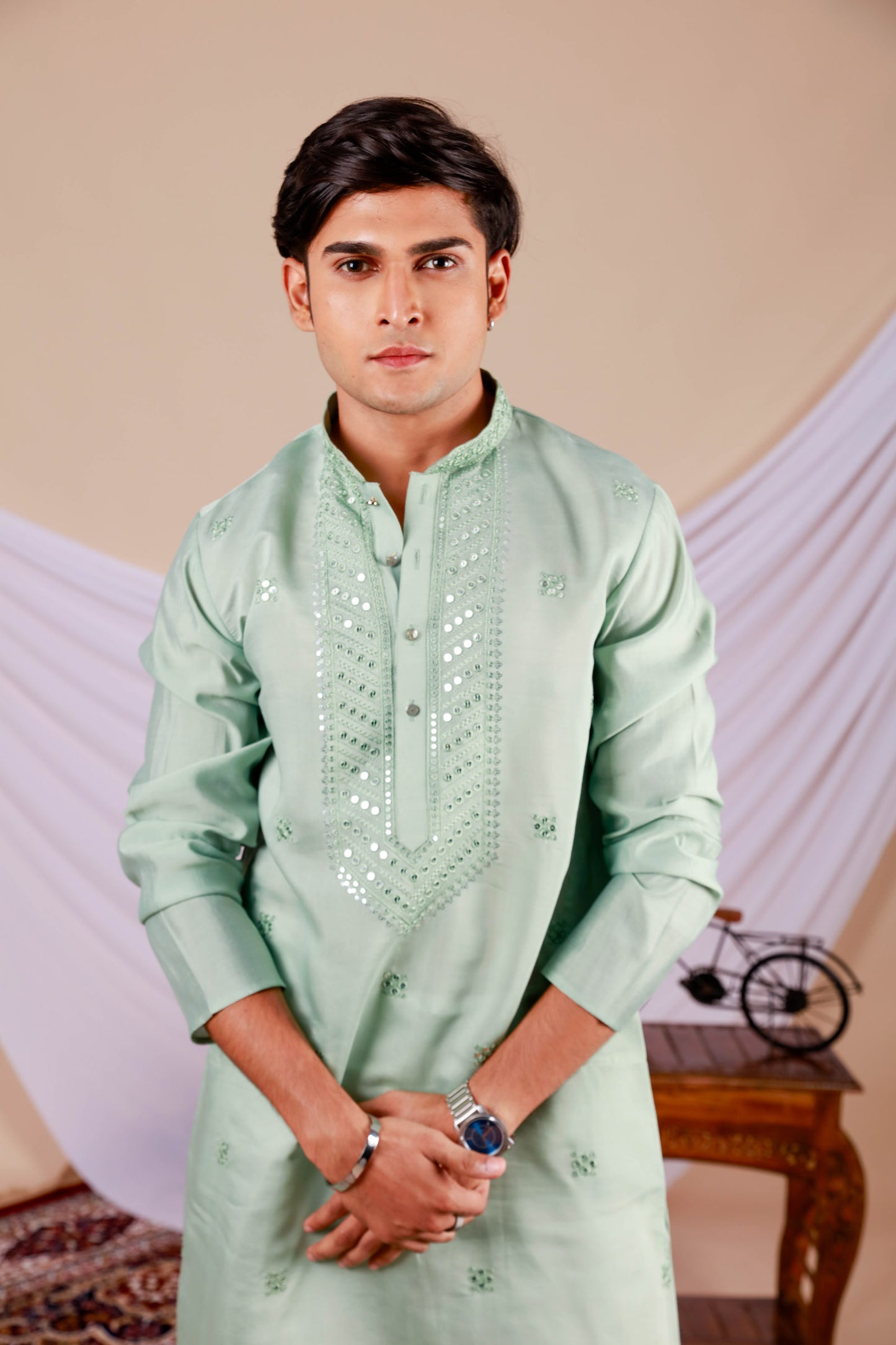 Pista Green Embroidery Kurta with Jari Work for men (Only Kurta)