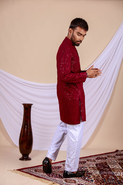 Maroon Lucknowi Chikankari Kurta for Men (Only Kurta)