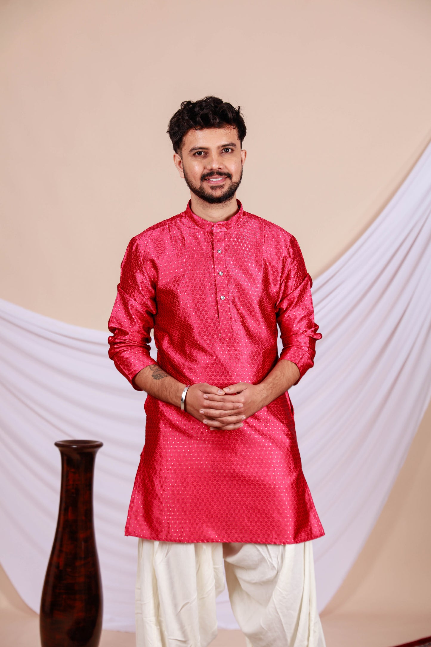 Red Printed Textured Kurta for Men (Only Kurta)