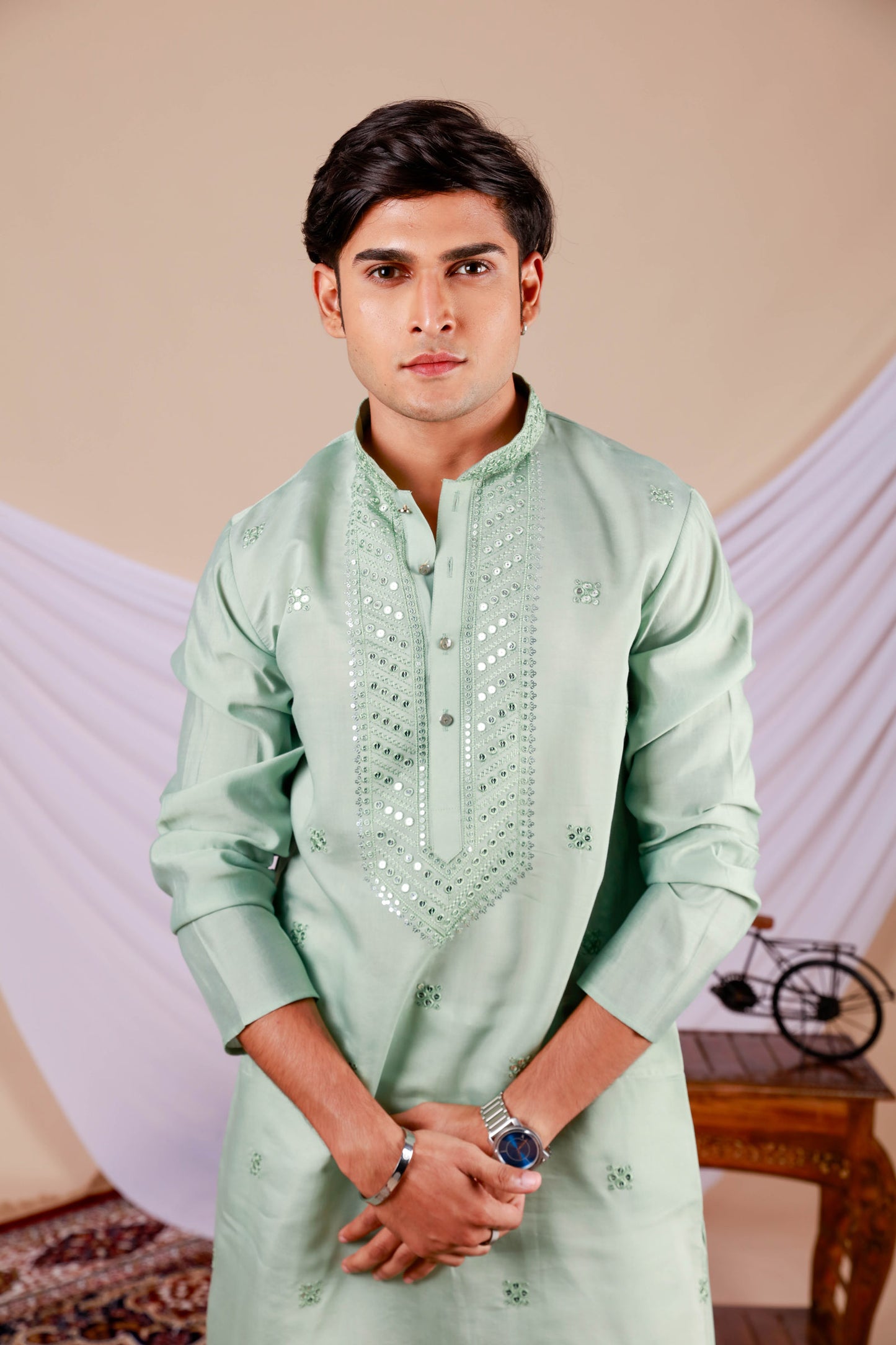 Pista Green Embroidery Kurta with Jari Work for men (Only Kurta)