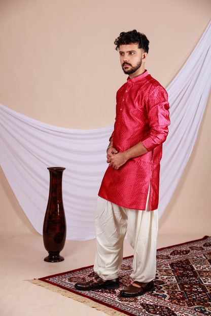 Red Printed Textured Kurta for Men (Only Kurta)