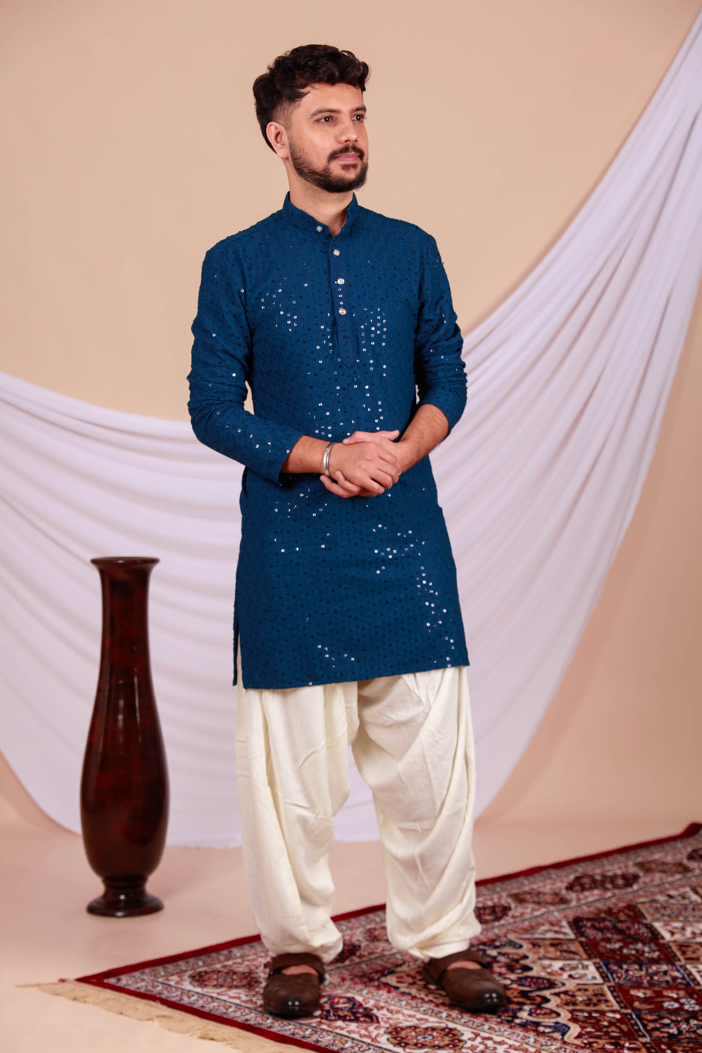 Peacock Blue Lucknowi Chikankari Kurta for Men (Only Kurta)