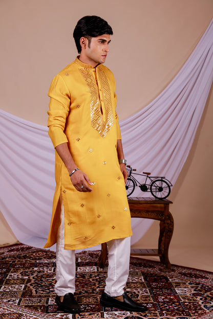 Yellow Embroidery Kurta with Jari Work for men (Only Kurta)