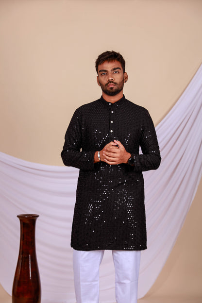 Black Lucknowi Chikankari Kurta for Men (Only Kurta)