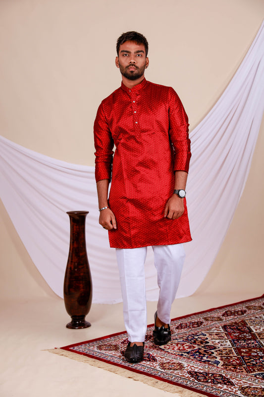 Maroon Men's Textured Kurta with golden dot print (Only Kurta)